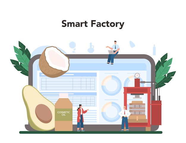 Oil extraction or production industry online service or platform Glass bottle of vegatable oil cocoa olive sunflower avocado corn Online smart factory Vector flat illustration