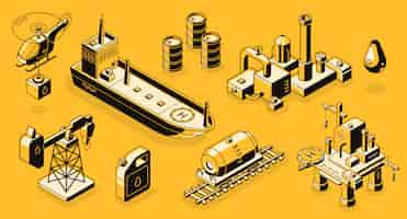 Free vector oil extraction and refinery, petroleum industry transport, objects and buildings line art