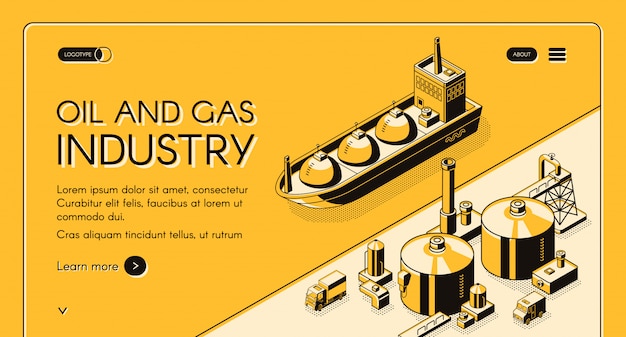 Oil and gas industry isometric web banner. Petroleum tanker, LNG carrier near oil refinery plant