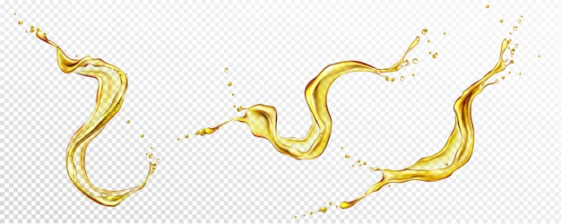 Oil, orange or lemon juice splashes, liquid yellow drink streams with drops.