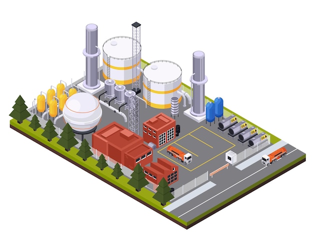 Free Vector oil petroleum industry isometric composition with view of factory area with cisterns trucks and oil tanks illustration