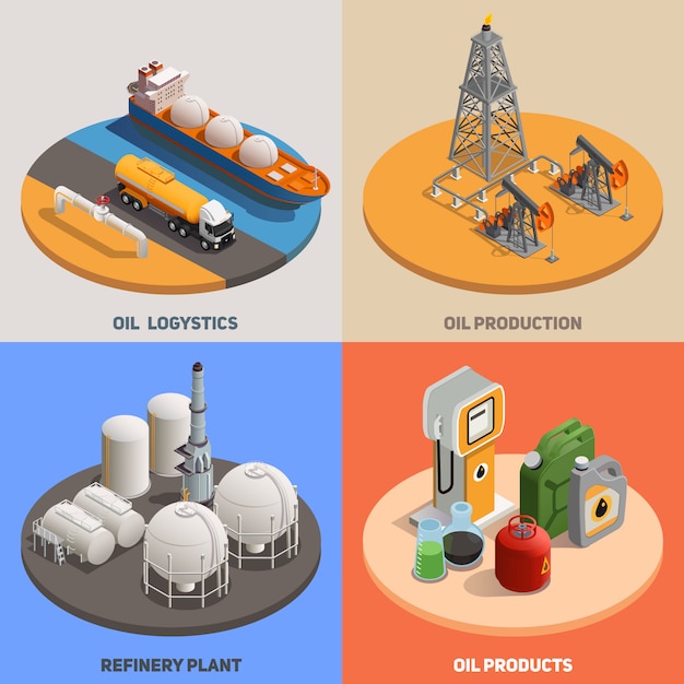 Free vector oil production logistics refinery plant 4 isometric colorful background icons square petroleum industry concept