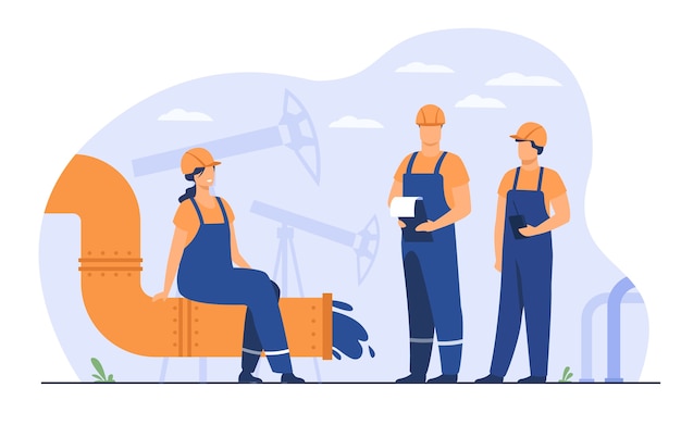 Free Vector oilmen and engineers on production line or pipe of petroleum refinery flat vector illustration. cartoon people working on pipeline. oil and gas industry concept