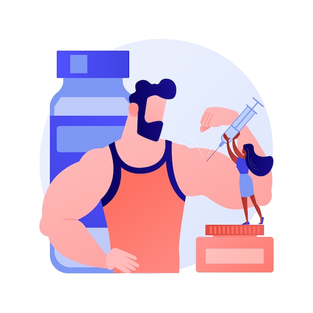 Oils injected into muscles increasing size and changing shape. Synthol, injection, site enhancement oil. Bodybuilder cartoon character. Vector isolated concept metaphor illustration