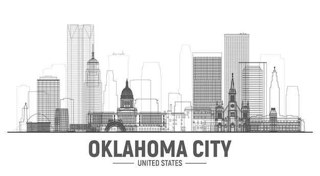 Oklahoma City US line skyline on white background Stroke realistic style with famous landmarks and modern scraper buildings Vector illustration for web or print production