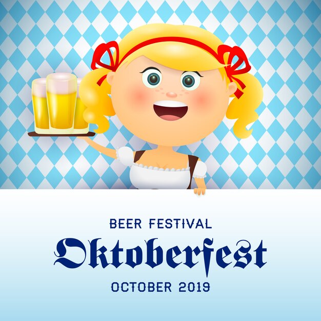 Oktoberfest banner with cheerful waitress carrying beer