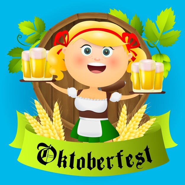 Oktoberfest cartoon girl character with beer