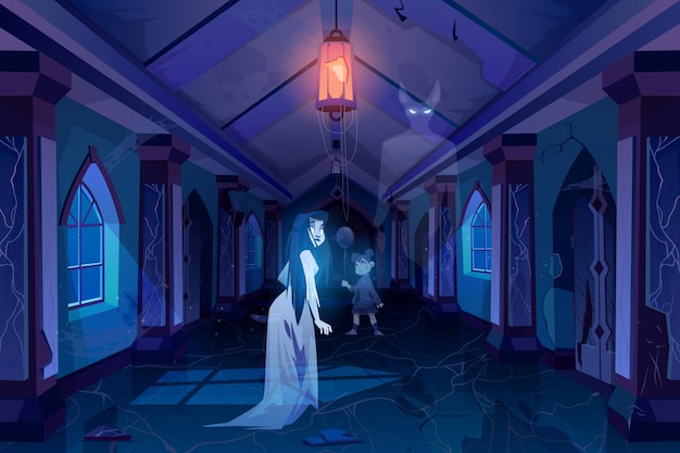 Free vector old castle hall with ghosts walking in darkness illustration