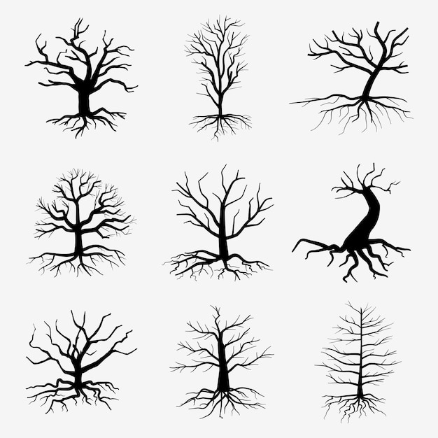 Free vector old dark trees with roots.  dead forest trees. black silhouette dead tree illustration