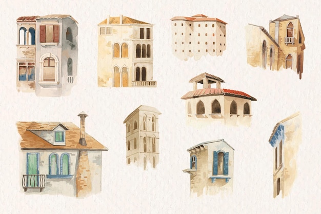 Free Vector old european architecture collection in watercolor style