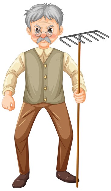 Old farmer man cartoon character holding rake garden tool