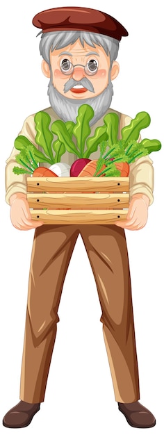 Old farmer man holding wooden crate of vegetable isolated