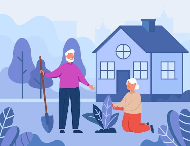 Free vector old grandparents putting plant in soil in garden. cartoon elderly family healthy lifestyle flat vector illustration. horticulture, leisure time, activity for senior people concept