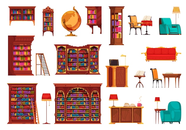 Free Vector old library furniture set of isolated icons with pieces of vintage furniture and wooden cabinet racks vector illustration