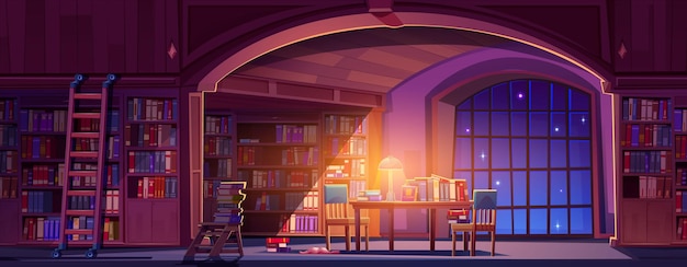 Free vector old library interior at night