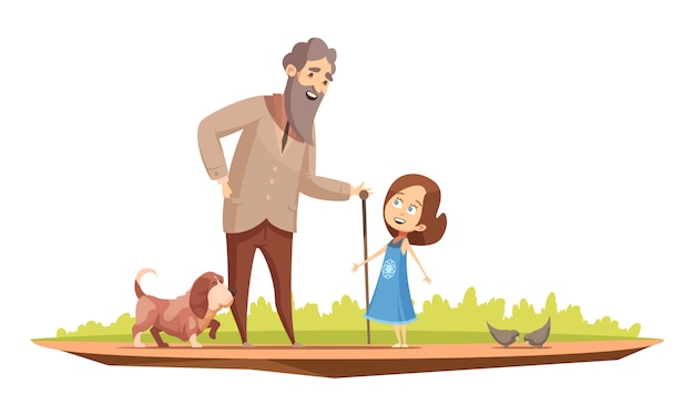 Old man senior character with cane walking with little girl and doggy outside retro cartoon poster vector illustration 