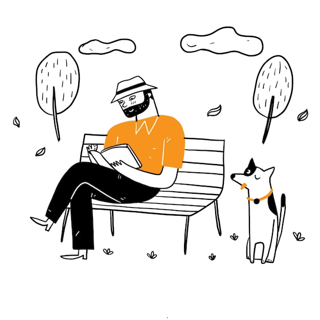 The old man sitting on the park chair reading a book in a relaxed with his dog. Hand drawing vector illustration doodle style