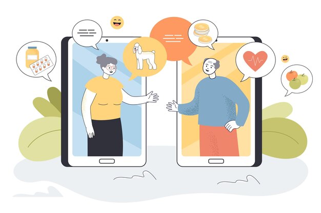 Old man and woman communicating online, using mobile phones. Flat illustration