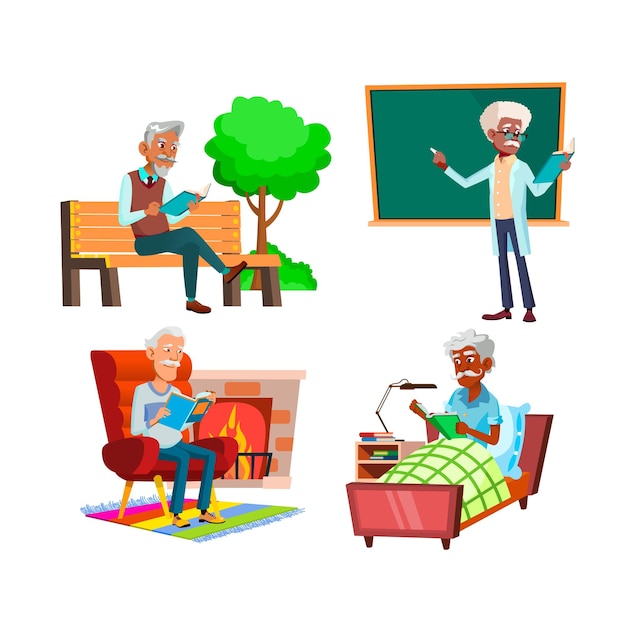 Free Vector old men reading book relaxation time set vector