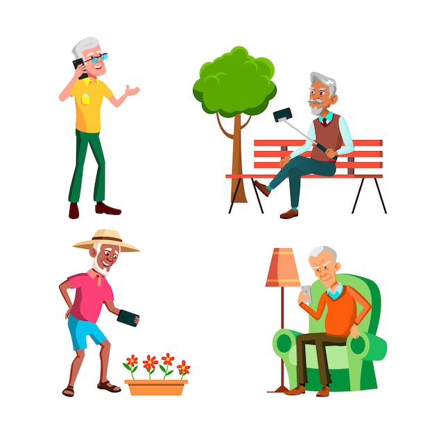 Free vector old men using phone for communication set