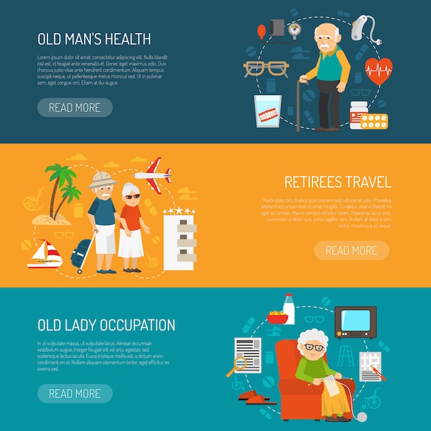 Old  People flat Horizontal Banners Set