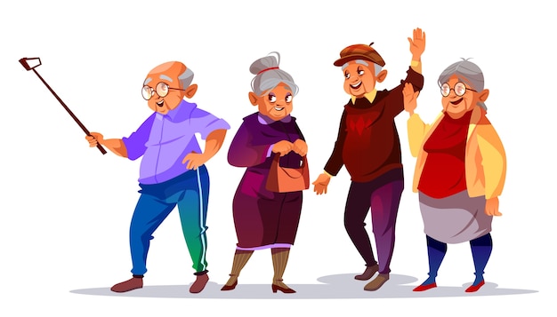 Old people making photo selfie illustration. Cartoon elderly man and woman smiling 