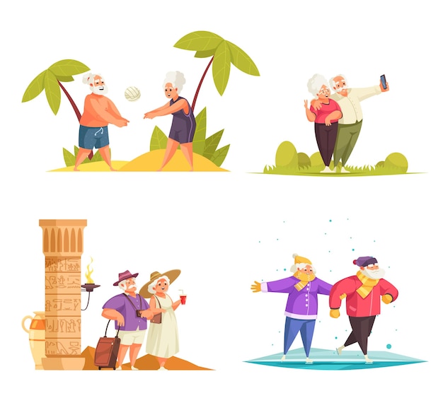 Free Vector old people physical activity concept 4 cartoon compositions with traveling skating playing beach volleyball couples illustration