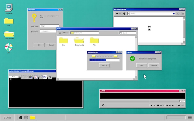 Free Vector old program composition with set of computer windows on retro desktop with icons folders and buttons vector illustration