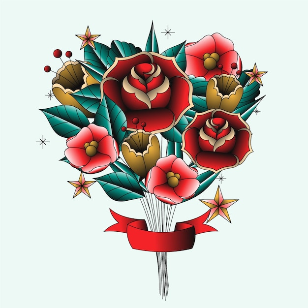 Free vector old school tattoo style flower bouquet