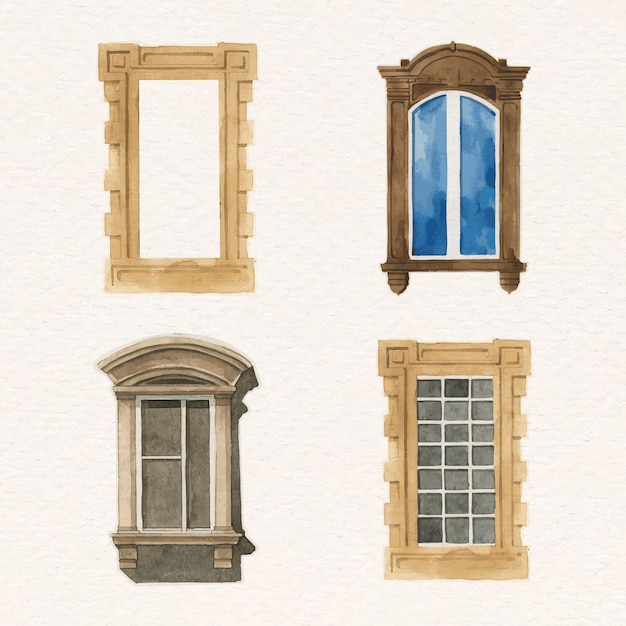 Free Vector old window architecture vector set watercolor illustration