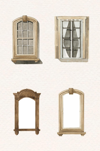 Free Vector old window architecture vector set watercolor illustration