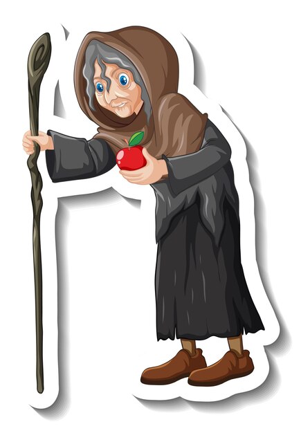 Old witch holding staff and apple cartoon character sticker