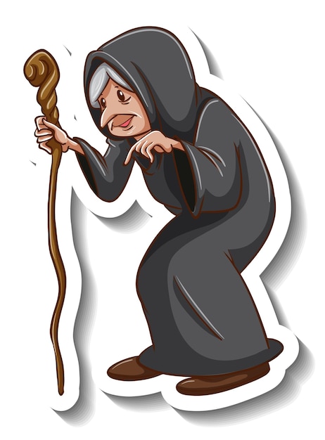 Old witch holding staff cartoon character sticker