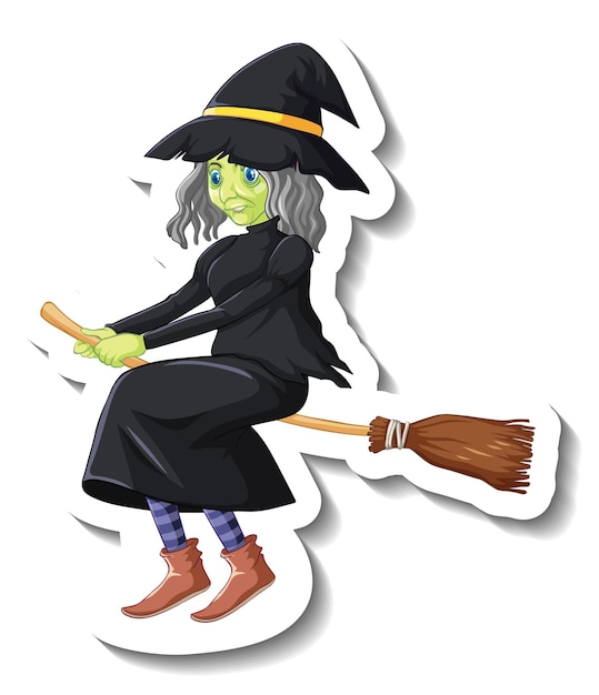 Free Vector old witch riding broomstick cartoon character sticker