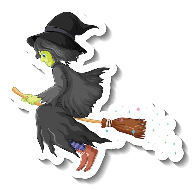 Old witch riding broomstick cartoon character sticker