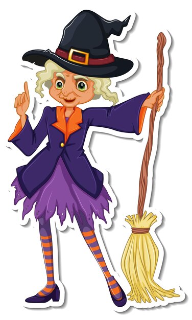 An old witch with broom cartoon character sticker