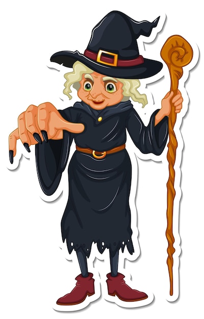 Free Vector an old witch with magic cane cartoon character sticker