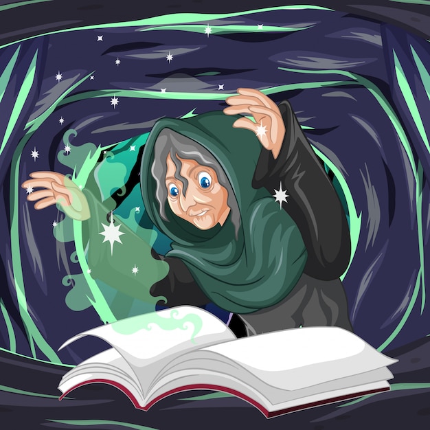 Free Vector old witch with spell and book cartoon style on dark cave background