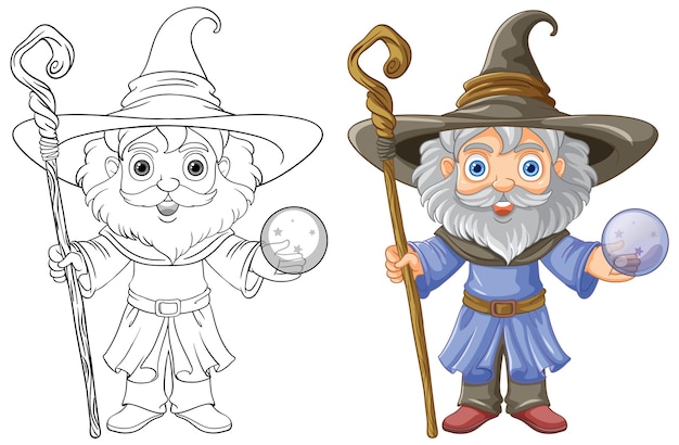 Free Vector old wizard wearing a hat with a long beard doodle coloring page