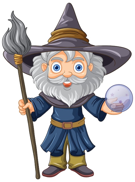 Old wizard wearing a hat with a long beard holding stick