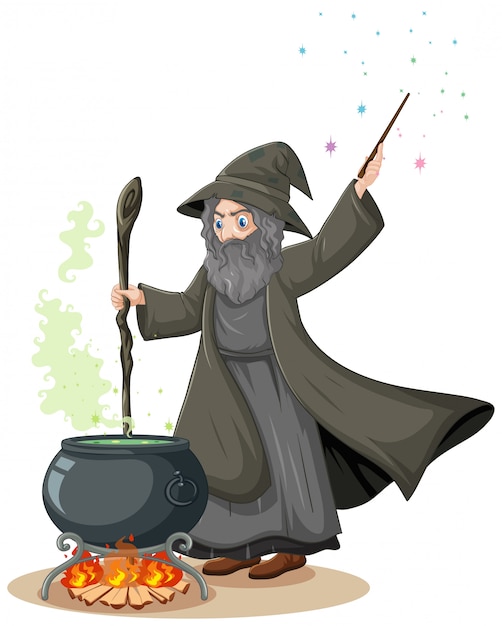 Free Vector old wizard with black magic pot and magic wand cartoon style  on white background