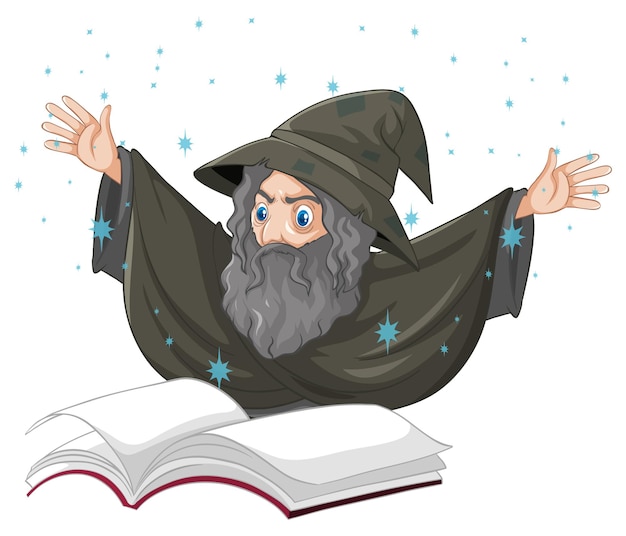 Old wizard with spell and book cartoon style isolated on white