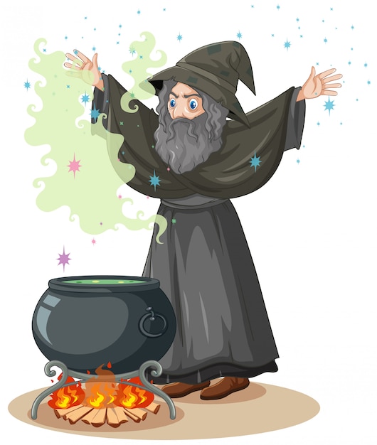 Free Vector old wizard with spell and magic pot cartoon style isolated on white background