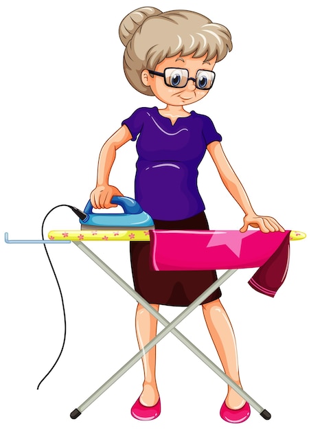 Old woman ironing on white background