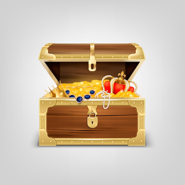 Old wooden chest with treasures realistic composition with image of treasure coffer filled with golden items