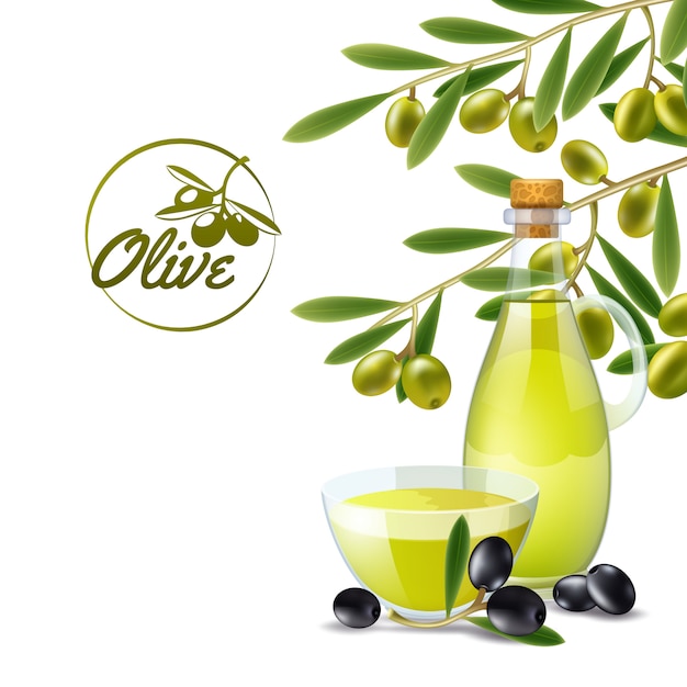 Olive oil pourer with branch of green olives decorative background poster