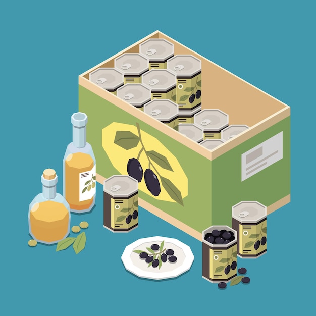 Free Vector olive production isometric composition with ready products bottles of olive oil and can box