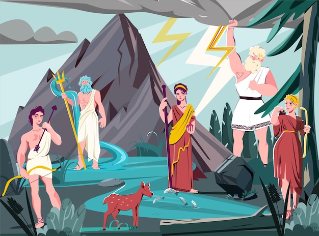 Free Vector olympian gods flat colored composition gods standing in the natural landscape against a background of mountains forests and water vector illustration