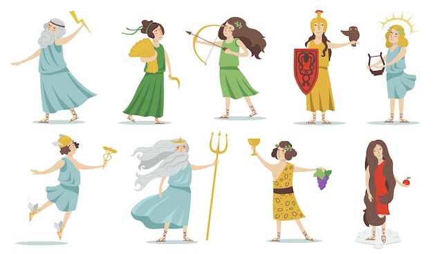 Olympian gods and goddesses. Poseidon, Venus, Hermes, Athena, Cupid, Zeus, Apollo, Dionysus. For Greek mythology, ancient Greece culture . Isolated vector illustrations set.