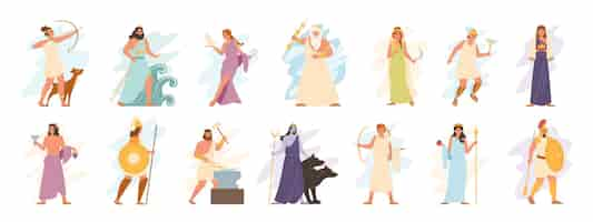 Free vector olympic gods flat icons set with ancient greek deities isolated vector illustration